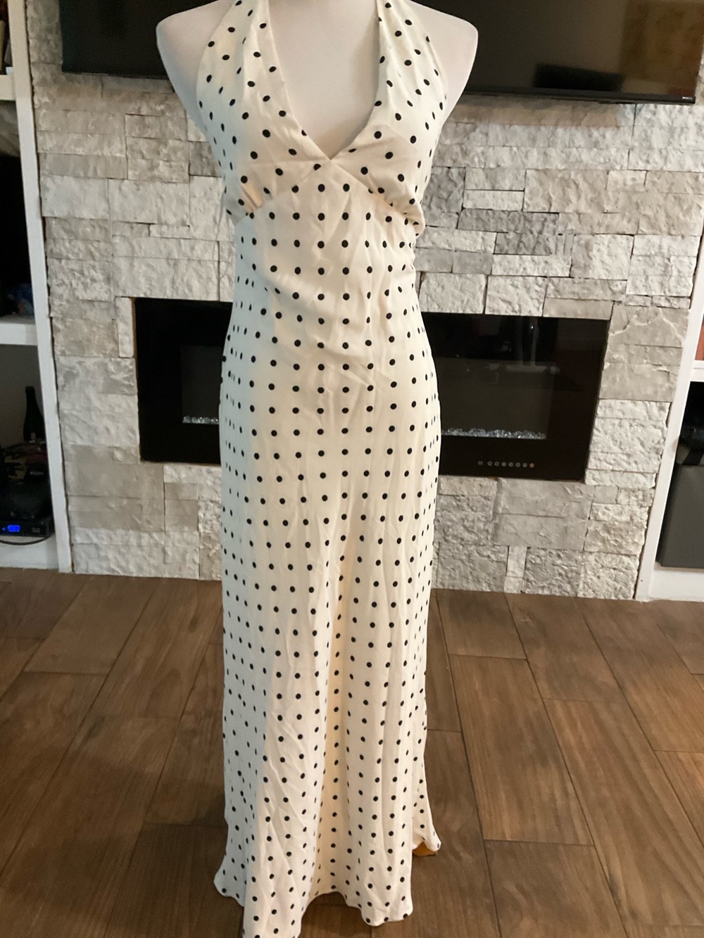 Commense Cream Halter Maxi Dress with Black Polka Dots